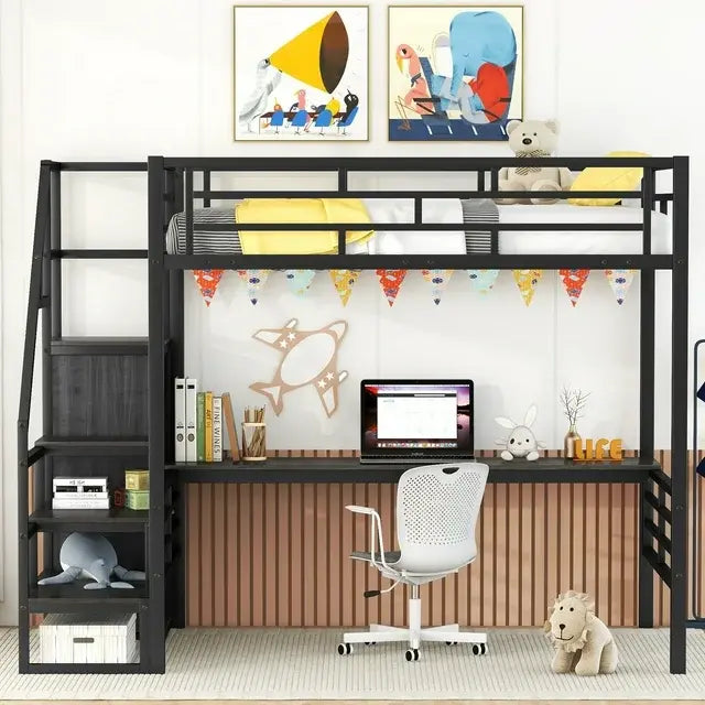 Bellemave® Full Size Metal Loft Bed with Desk, Storage Stairs and Small Wardrobe Bellemave®