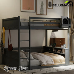 Bellemave® Queen Size Wooden Bunk Bed with Built-in Shelves,Storage Box,LED Light and USB Charging Station