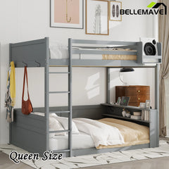 Bellemave® Queen Size Wooden Bunk Bed with Built-in Shelves,Storage Box,LED Light and USB Charging Station