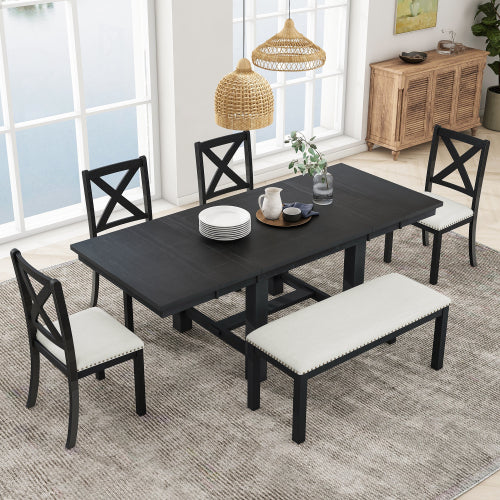 Bellemave® 6-Piece Extendable Dining Table with Footrest, 4 Upholstered Dining Chairs and Dining Bench