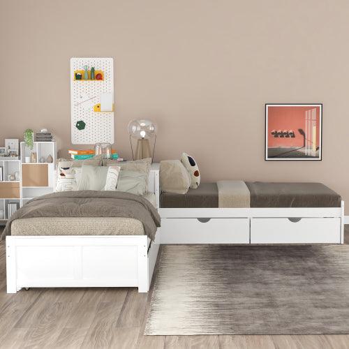 Bellemave® Twin Size L-shaped Platform Bed with Trundle and Drawers Linked with Built-In Desk