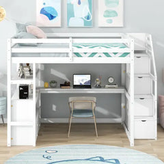 Bellemave® Loft Bed with Desk and Shelves, Two Built-in Drawers, Storage Staircase Bellemave®