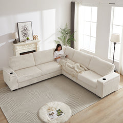 Bellemave® 110" L-Shaped Oversized Corduroy Corner Sofa with Two Storage Spaces,USB Port & T-pyce Port and Cup-Holder