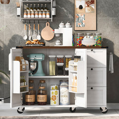 Bellemave® 54.5" Farmhouse Kitchen Island with Power Outlet and Internal Storage Rack, Drop Leaf and Spice Rack