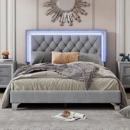 Bellemave® Modern Velvet Upholstered Bed with Tufted Headboard and LED Lights Bellemave®