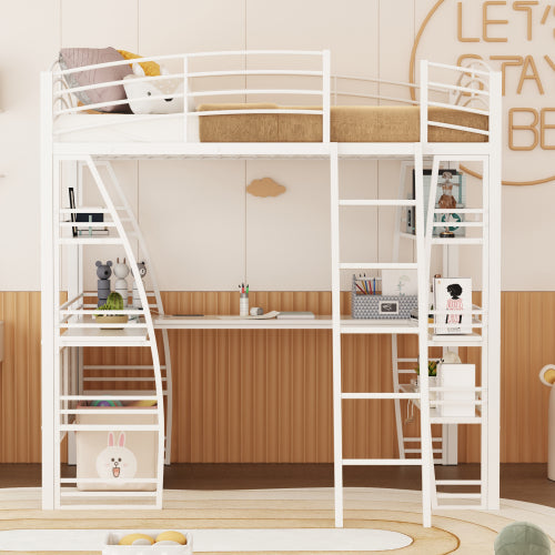 Bellemave® Metal Loft Bed with 4 Layers of Shelves and L-shaped Desk, Desk with a set of Sockets, USB Ports and Wireless Charging