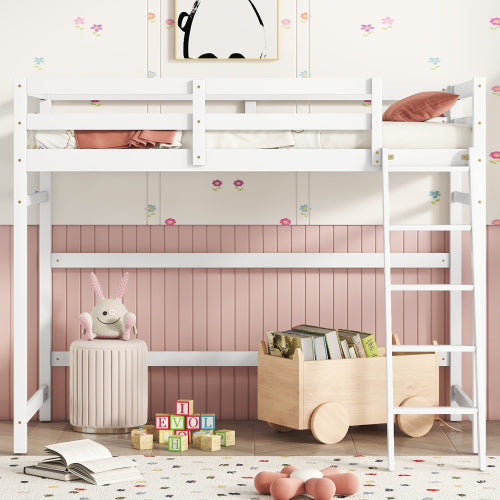 Bellemave® Twin Size High Loft Bed with Inclined Ladder and Guardrails