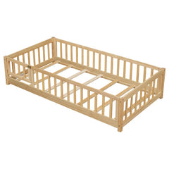 Bellemave® Twin Size Montessori Floor Bed with Fence and Door