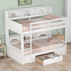 Bellemave® Twin Size Bunk Bed with Built-in Shelves Beside both Upper and Down Bed and Storage Drawer