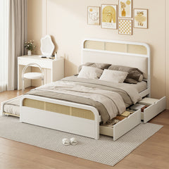 Bellemave® Queen size Wooden Platform Bed with Trundle and 2 Drawers