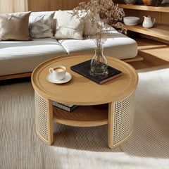 Bellemave® 2-Tiered Round Natural Wood Coffee Table with Storage Rattan Base