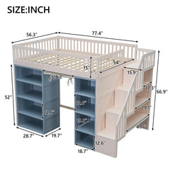 Bellemave® Full Size Loft Bed with 2 Four-layer Storage Cabinets and Curtain