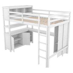 Bellemave® Full Size Wood Loft Bed with Cabinet and Bookshelf, Wardrobe and Desk