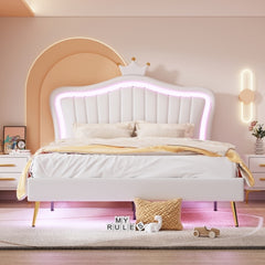 Bellemave® Modern Upholstered Princess Bed,Crown Headboard with LED Lights