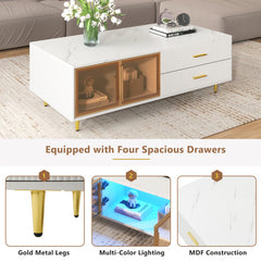 Bellemave® Modern Coffee Table with 2 Glass Door Storage and 4 Drawers, Gold Metal Legs and Multi-Color Lighting