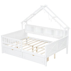 Bellemave® Full Size House Bed with LED Light and Storage Shelves, Drawers and Guardrail