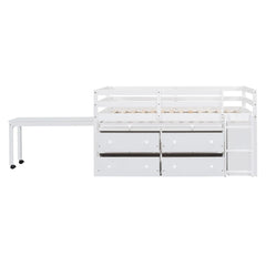 Bellemave® Low Loft Bed with Retractable Writing Desk and 4 Drawers,Lateral Portable Desk and Shelves Bellemave®