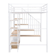 Bellemave® Full Size Metal Loft Bed with Staircase,Low Storage Table and Storage Shelves