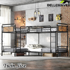 Bellemave® Twin Size Heavy Duty Metal Bunk Bed, Detachable Triple Bunk Bed, Can Be Divided Into 3 Twin Size Beds