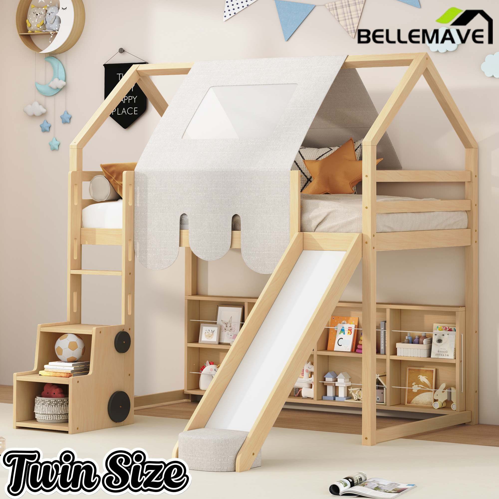 Bellemave® Twin Size Loft Bed with Play House Shape, Wooden Loft Bed House-Shaped Frame with a Tent, Slide & a Ladder Bellemave®