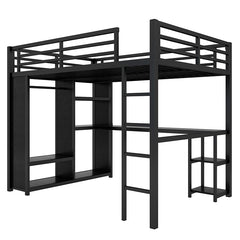 Bellemave® Queen Size Metal Loft Bed with Built-in Wardrobe, Desk and Storage Shelves