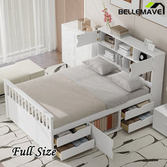 Bellemave® Full Size Captain Platform Bed with Storage Bookcases and Shelves,Four Drawers