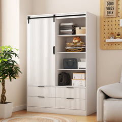 Bellemave® Modern Wardrobe with Hanging Rod and Barn Door ,Drawers and Open Shelves