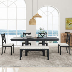 Bellemave® 6-Piece Extendable Dining Table with Footrest, 4 Upholstered Dining Chairs and Dining Bench