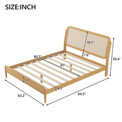 Bellemave® Queen Size Wood Storage Platform Bed with LED Light, Rattan Headboard