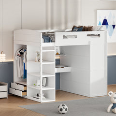 Bellemave® Loft Bed with Desk and Wardrobes, 4 Drawers and 4 Shelves