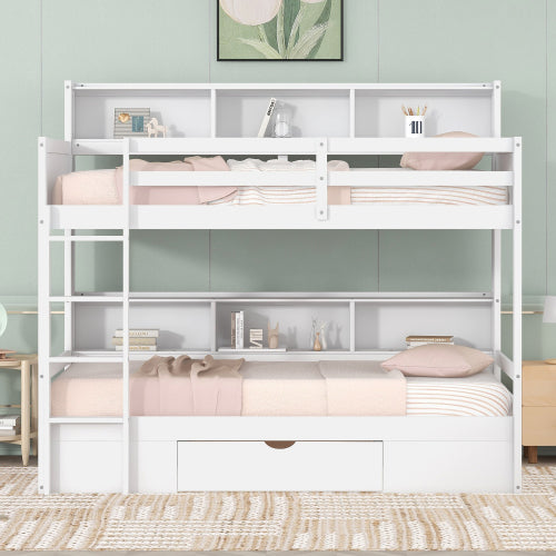 Bellemave® Twin Size Bunk Bed with Built-in Shelves Beside both Upper and Down Bed and Storage Drawer