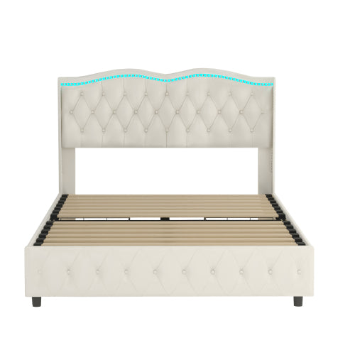 Bellemave® Velvet Upholstered Platform Bed with Deep Tufted Buttons and Nailhead Trim, Adjustable Colorful LED Light Decorative Headboard and 4 Drawers
