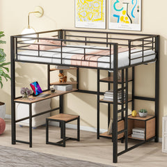 Bellemave® Full Size Metal Loft Bed with Desk and Stool,Open-Style Wardrobe, Shelves and Cabinet