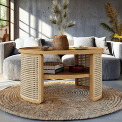 Bellemave® 2-Tiered Round Natural Wood Coffee Table with Storage Rattan Base