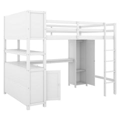 Bellemave® Full Size Wood Loft Bed with Cabinet and Bookshelf, Wardrobe and Desk