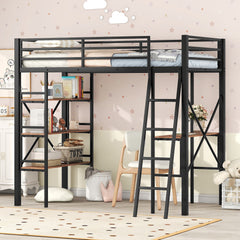 Bellemave® Twin Size Metal Loft Bed with Shelves and Desk