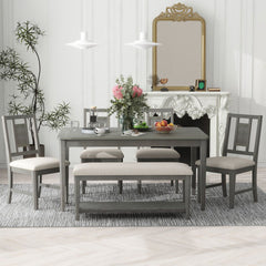 Bellemave 6-Piece Retro Dining Set, Dining Table and 4 Upholstered Chairs & 1 Bench with A Shelf Bellemave