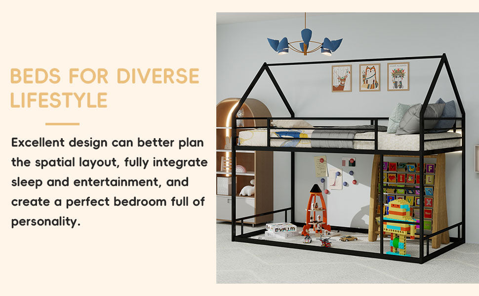 Bellemave® Metal Bunk beds Twin Over Twin Size, Bunk beds with guardrail for Kids, Floor bunk Bed, House loft Bed for Kids,Black Bellemave®