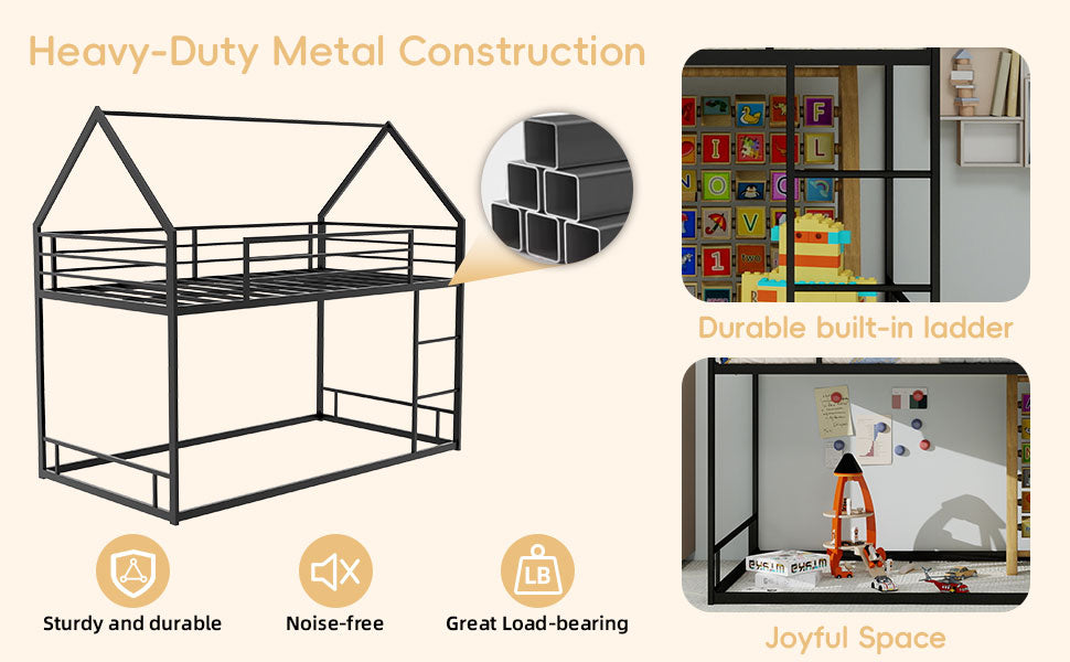 Bellemave® Metal Bunk beds Twin Over Twin Size, Bunk beds with guardrail for Kids, Floor bunk Bed, House loft Bed for Kids,Black Bellemave®