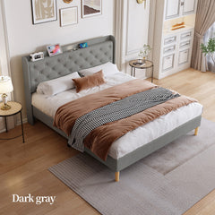 Bellemave® Queen Size Cotton and Linen Fabric Platform Bed with Mesh Backboard and LED Lights