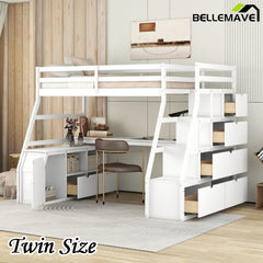 Bellemave® Loft Bed with 7 Drawers 2 Shelves and Desk