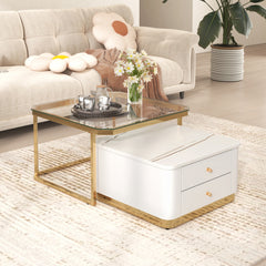 Bellemave® Modern 2 Pieces Square Nesting Coffee Table with Drawers & Electroplated Gold Legs