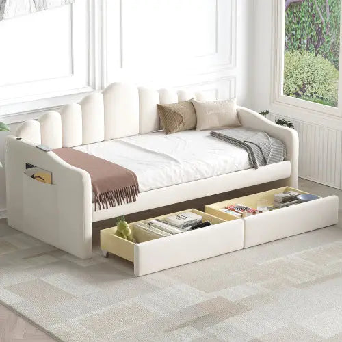 Bellemave® Twin Size Velvet Upholstered Daybed with 2 Drawers and USB Charging Ports Bellemave®