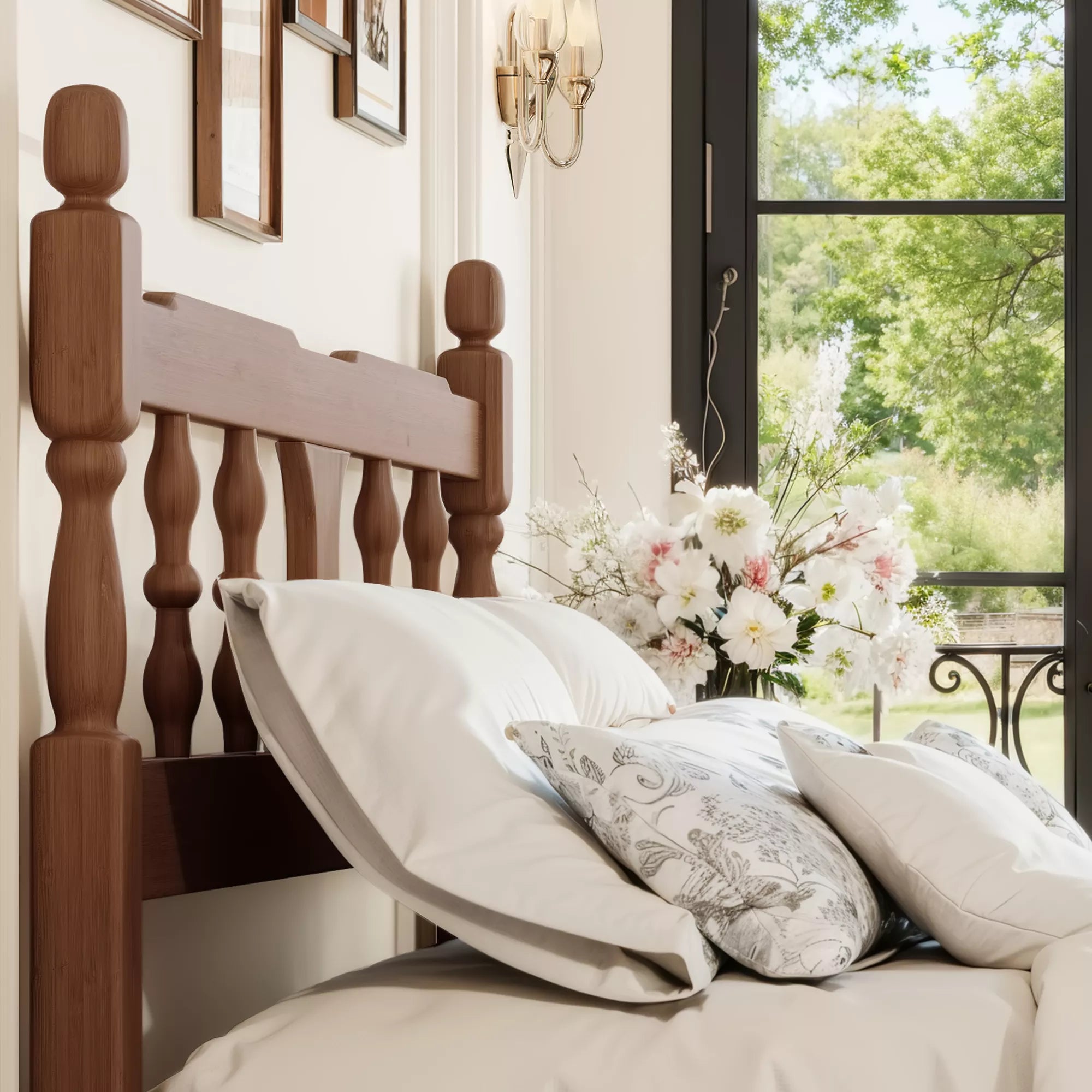 Square cutout bamboo platform bed with decorative headboard detail