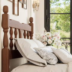 Square cutout bamboo platform bed with decorative headboard detail