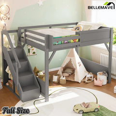 Bellemave® Twin Loft Bed with Storage Stairs and Built-in Wardrobe and Bedside Shelves, Wood Loft Bed for Kids, Teens, Adults, Gray Bellemave®