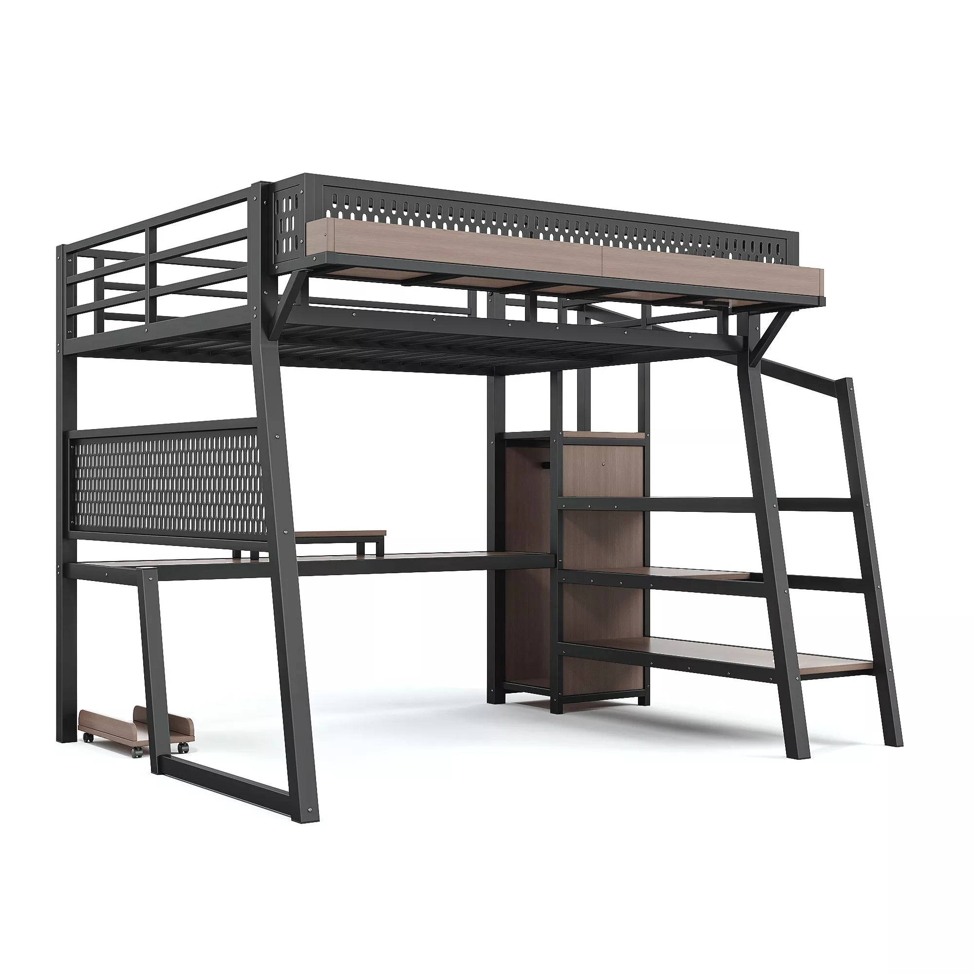 Bellemave® Metal Loft Bed with Storage Stairs, USB Ports, LED Lights, Pegboard & Built-in Wardrobe, Noise-Reduced Design, Black Bellemave®