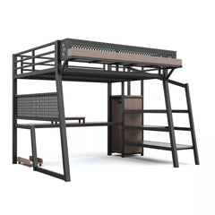 Bellemave® Metal Loft Bed with Storage Stairs, USB Ports, LED Lights, Pegboard & Built-in Wardrobe, Noise-Reduced Design, Black Bellemave®