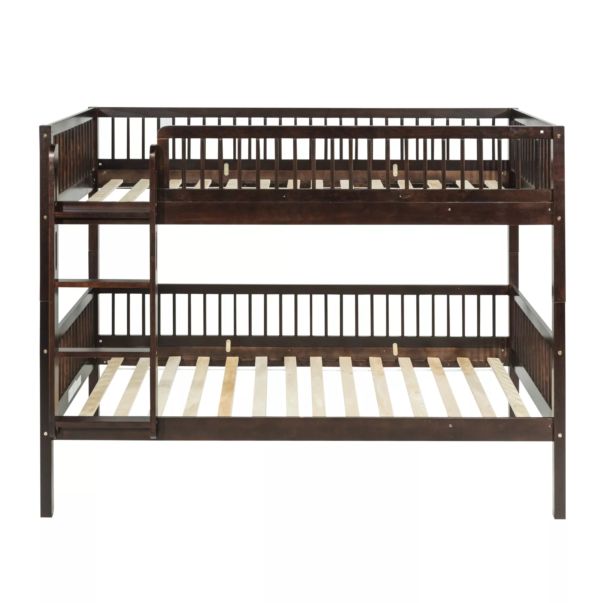 Front view of a dark wood Twin over Twin bunk bed