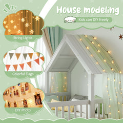 Bellemave® Double Floor Bed for Twins,Two Shared Beds,House Frame Twin Size Floor Bed with Guardrails and Door for 2 Kids,Girls,Boys,Grey